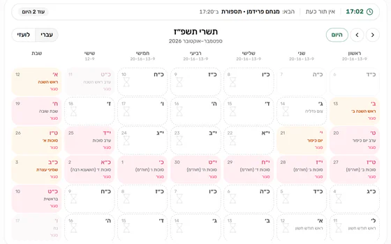 היומן החודשי בלוח הניהול, בתאריך עברי: מספר התורים בכל יום, היום הנוכחי מסומן, ושבתות וערבי חג מסומנים כסגורים.